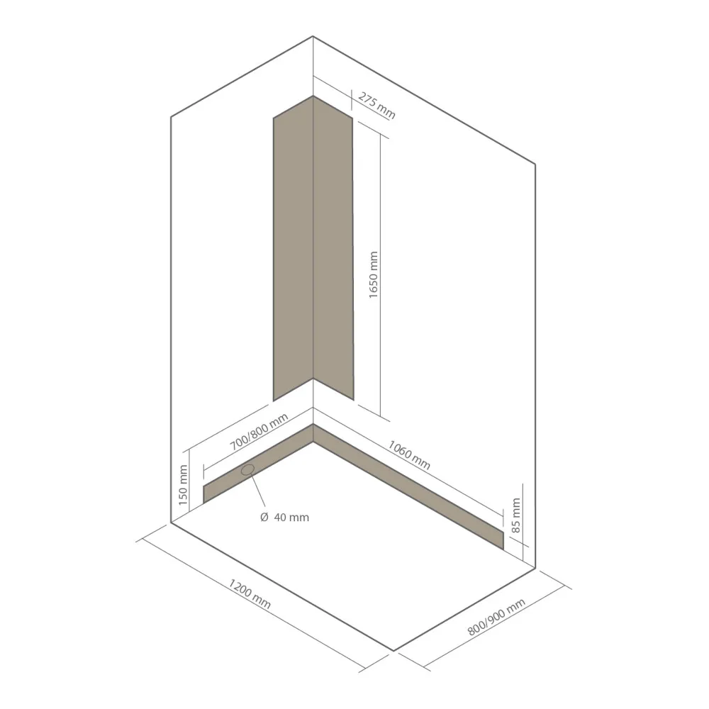 Skizze der Komplettdusche 120x80 cm und 120x90 cm mit Fronteinstieg