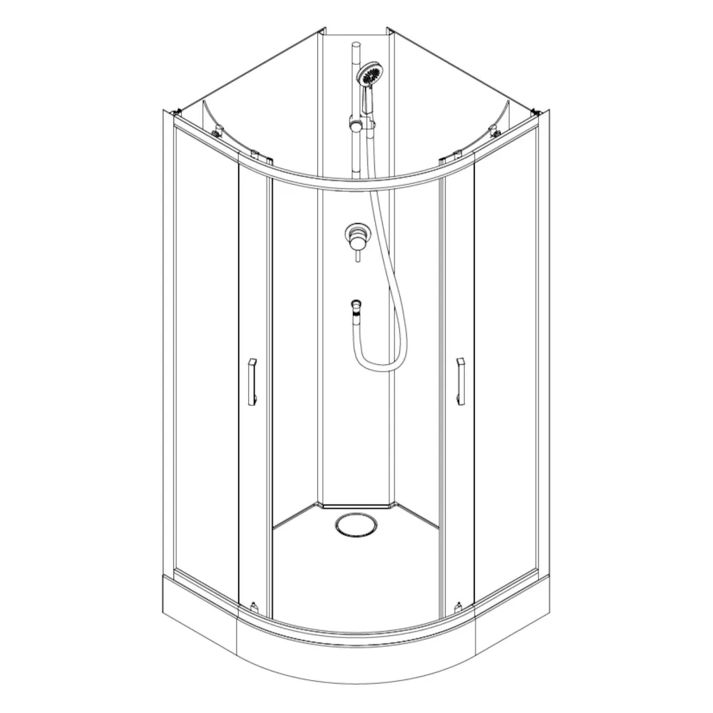 Skizze der Komplettdusche FDARS Viertelkreis 90x90 cm mit Eckeinstieg