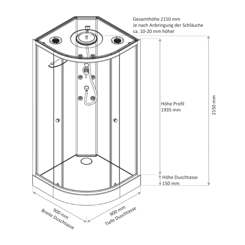 Skizze der Komplettdusche Viertelkreis 90x90 cm mit Eckeinstieg