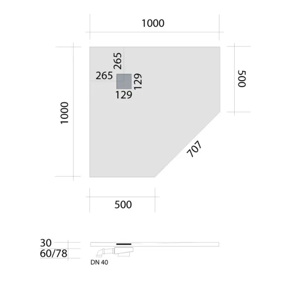 Skizze des Mineralguss - Duschbecken 1000x1000 mm bzw. 100x100 cm, 5-ECK