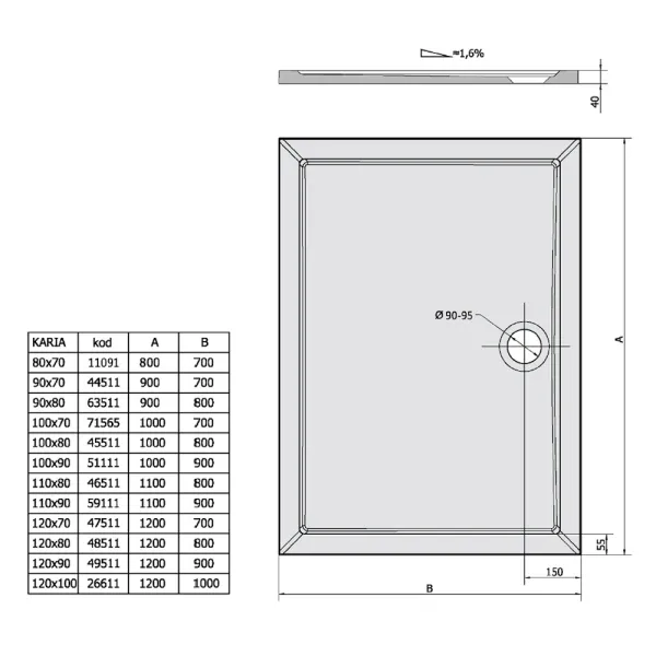 Skizze des Mineralguss - Duschbecken HOKARIA von 90x70 bis 120x100 cm