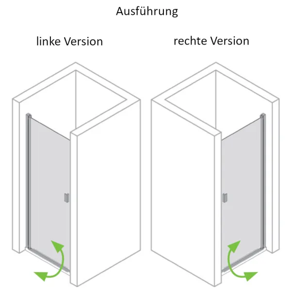 Ausführung links/rechts der Pendeltür für Nische 75 cm, 80 cm, 90 cm, 100 cm