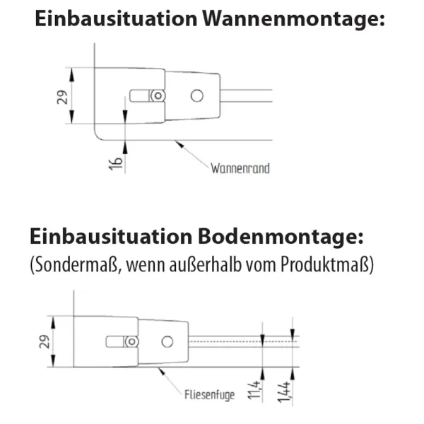 Montagearten der Pendeltür für Nische 75 cm, 80 cm, 90 cm, 100 cm