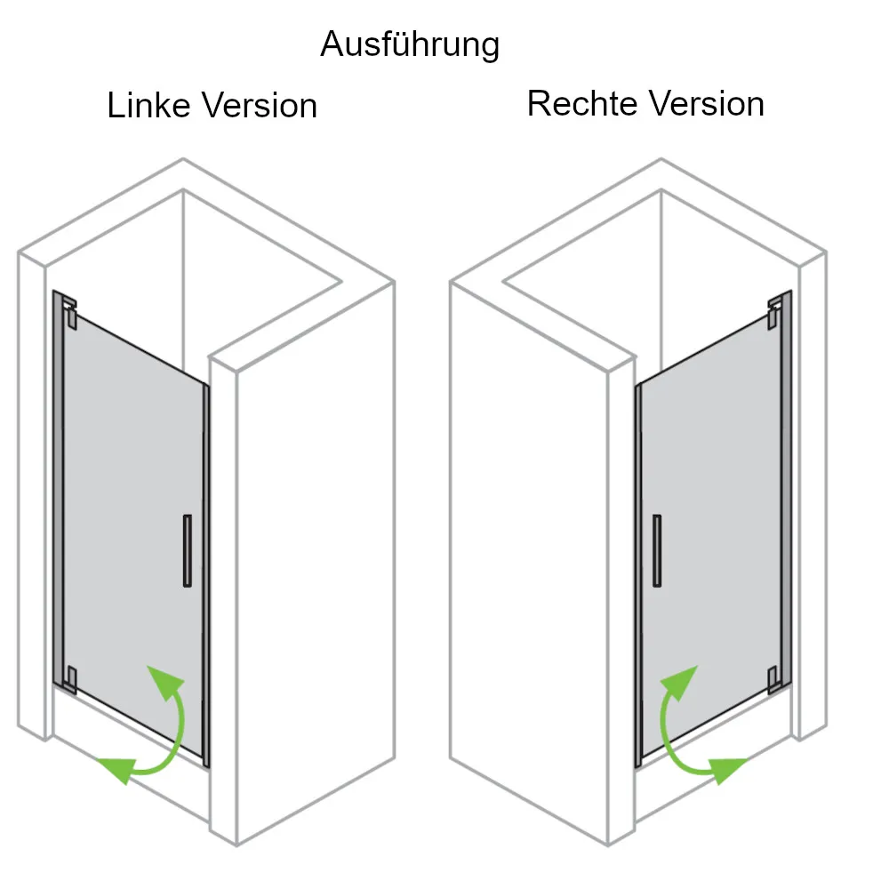 Linke und rechte Ausführung der Pendeltür für Nische 80 cm, 90 cm, 100 cm