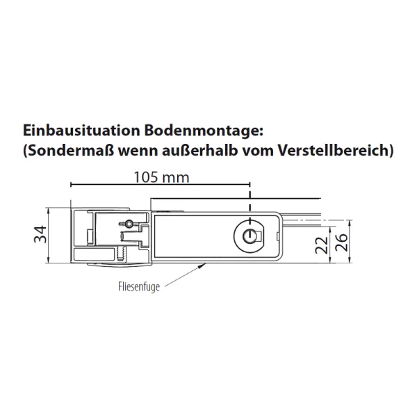 Bodenmontage der Pendeltür mit fester Seitenwand, Glas: 8 mm