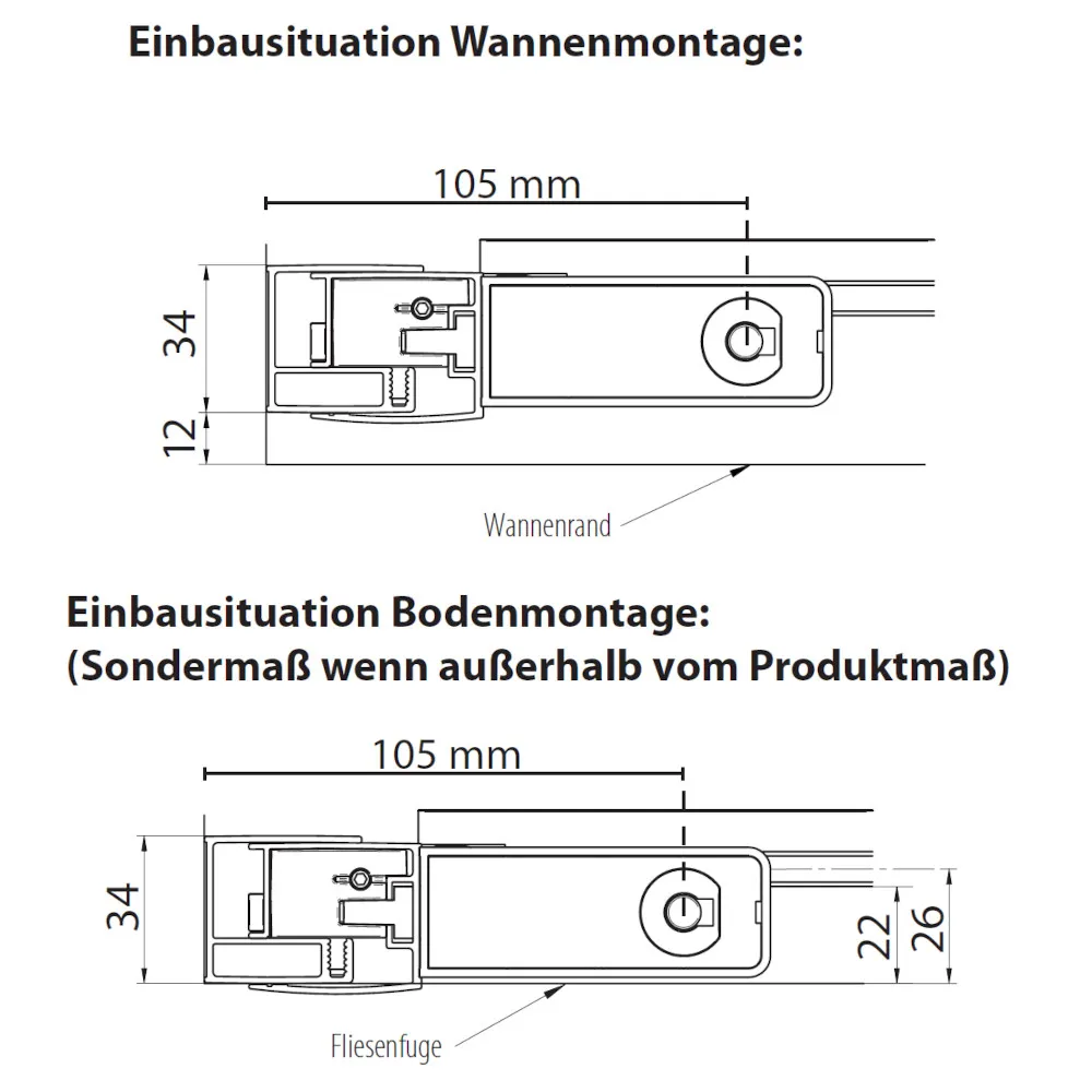 Montageskizzen der Pendeltüren für Nische mit ESG-Glas: 8 mm, alu chromeffekt