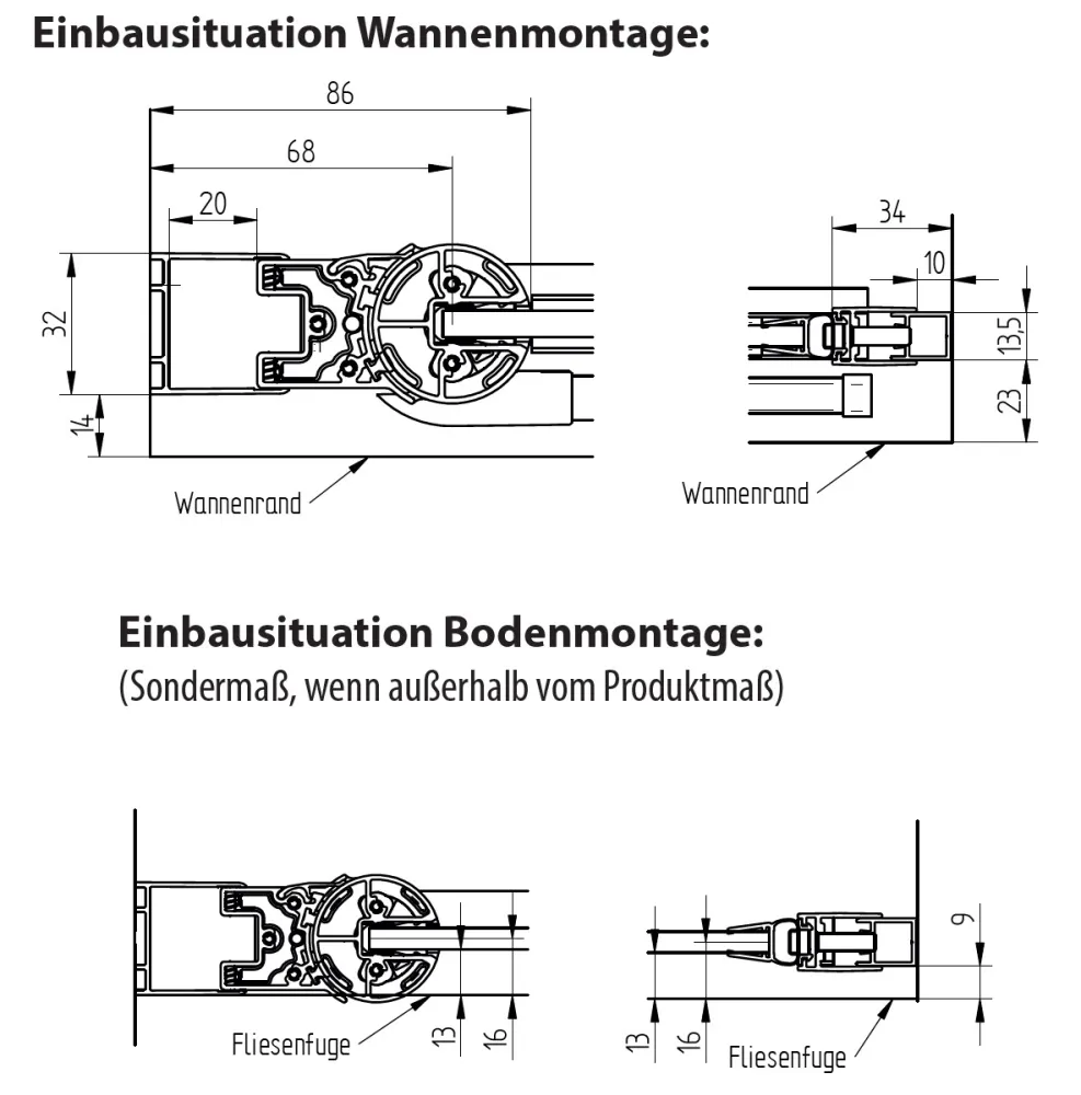 Montage der Pflegedusche mit Pendeltüren horizontal geteilt für Nische mit 6 mm