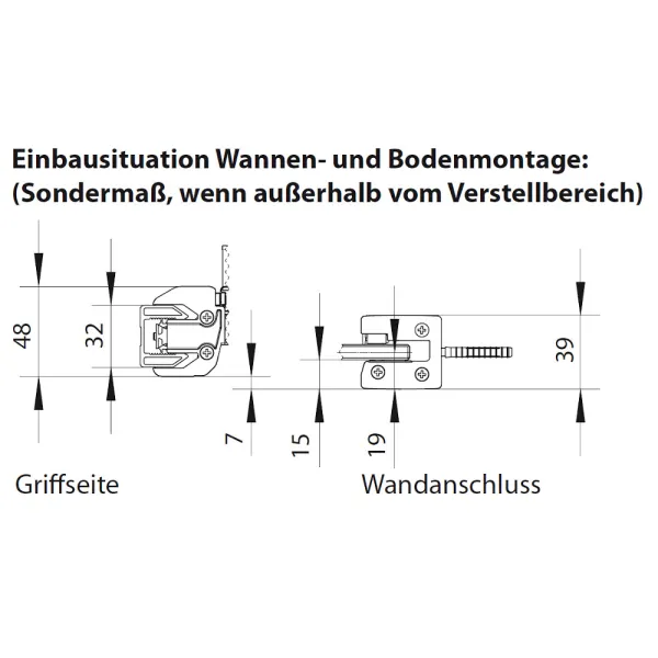 Einbausituation der Schiebetür für Nische in 120 cm, 140 cm und Sondermaß bis zu 200 cm, 8 mm ESG