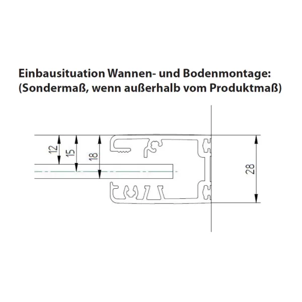 Einbausituation der Schiebetür für Nische in 120 cm, 140 cm und Sondermaß bis zu 200 cm, 8 mm ESG