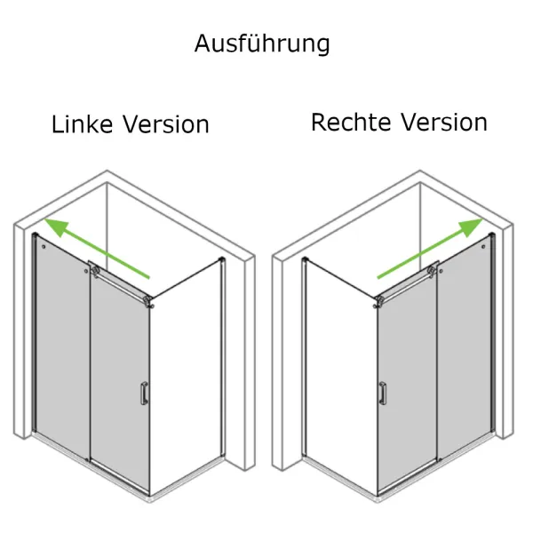 Linke und rechte Ausführung der Schiebetür von 97 bis 170 cm mit Seitenwand bis 130 cm, Glas: 8 mm