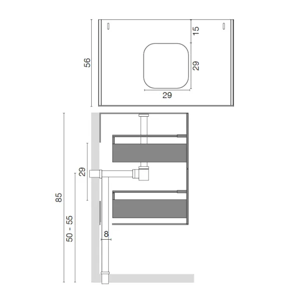 Schnitt von Synergy: Hängeschrank 2 Schubladen 60 cm bis 100 cm + Keramik Waschtisch