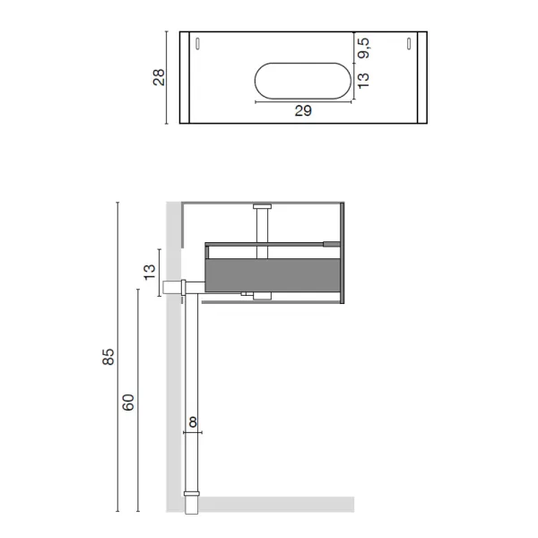 Schnitt der Möbelfront Synergy: Hängeschrank mit Schublade von 60 cm bis 100 cm + Keramik Waschtisch