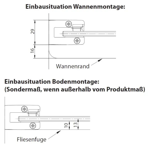 Montageskizzen der U-Kabine mit Schiebetür in 8 mm ESG