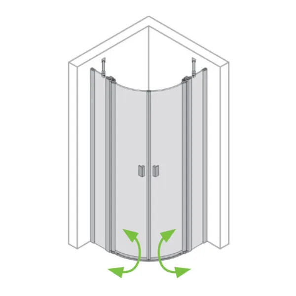 Piktogramm der Viertelkreisdusche mit Pendeltüren 4-teilig und Festglaselementen, Radius: 50/55 cm, 6 mm ESG, Runddusche