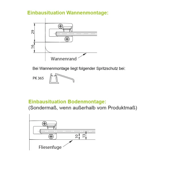 Wannenmontage der Walk-in Duschwand alleinstehend in versch. Größen mit ESG 8 mm, alu chromeffekt