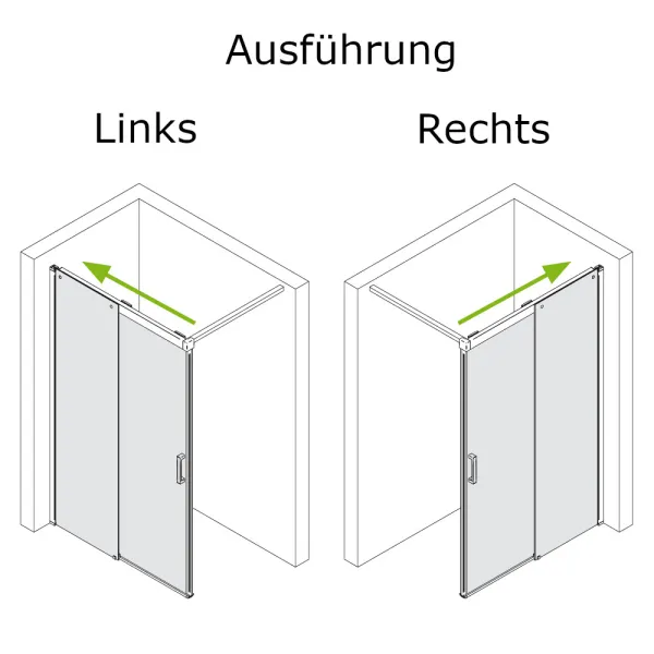 Linke und rechte Ausführung der Walk-in Duschwand mit Schiebetür (Soft & Silent) ESG 8 mm, alu chromeffekt