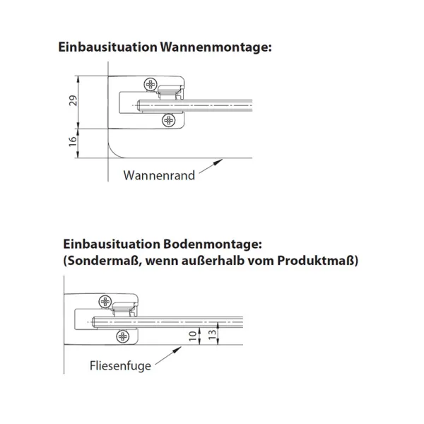 Einbausituation der Walk-in Duschwand mit Schiebetür (Soft & Silent) ESG 8 mm, alu chromeffekt