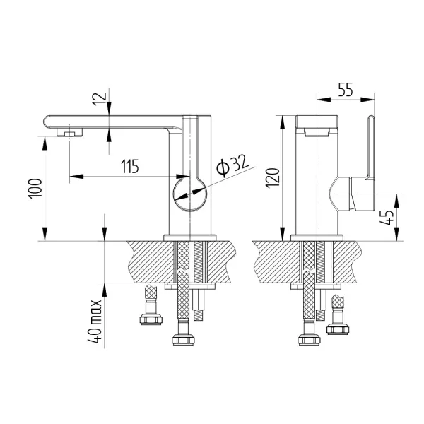 Skizze für Waschtischarmatur: Einhebelmischbatterie mit Auslaufhöhe 10 cm