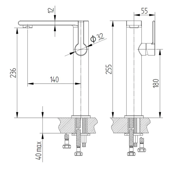 Skizze für Waschtischarmatur: Einhebelmischbatterie Schwarz (AH 23,6 cm)
