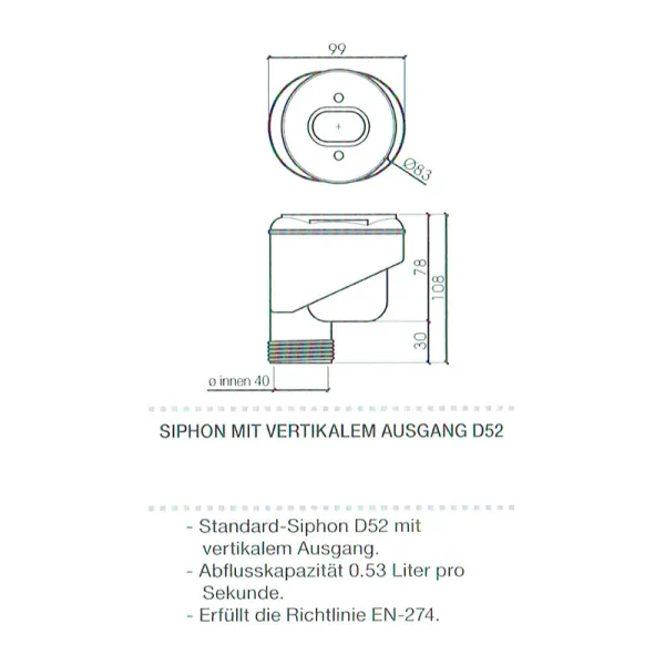 Zusatzoption Mineralguss: Ablauf senkrecht / vertikal, 52 mm