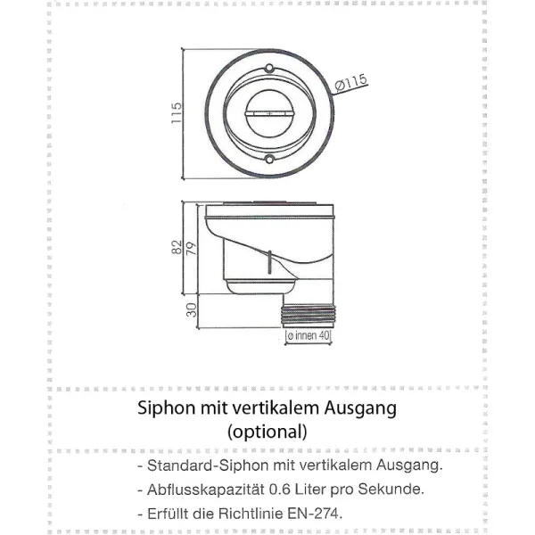 Zusatzoption Mineralguss: Ablauf senkrecht / vertikal, 90 mm