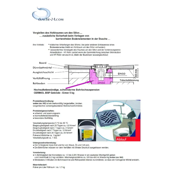 Hinweise für Zusatzoption für Duschboards: Vergussmasse
