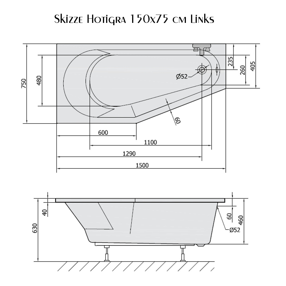 Badewanne 170x80 cm Hotigra Rechts incl Füße Raumspare 80x170 extra tief 46 cm