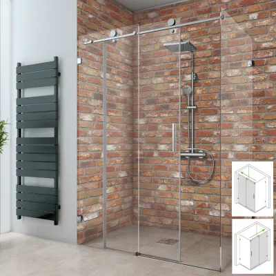 Duschtür nach Maß als Schiebetür mit fester Seitenwand für Eckeinbau mit ESG: 8 mm, alu chromeffekt