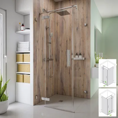 Eckdusche mit Pendeltür und fester Seitenwand, Maßanfertigung bis 160 cm, 8 mm ESG Eckdusche mit Pendeltür und fester Seitenwand, Maßanfertigung bis 160 cm, 8 mm ESG