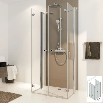 U-Kabine mit Festteilen und Drehfalttüren, 4-teilig, bis zu 1100 mm / 110 cm, Glas: 6 mm