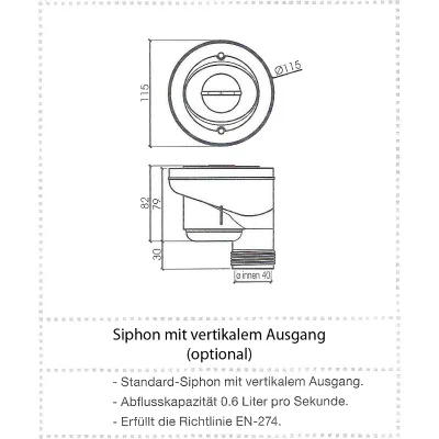 Zusatzoption Mineralguss: Ablauf senkrecht / vertikal, 90 mm