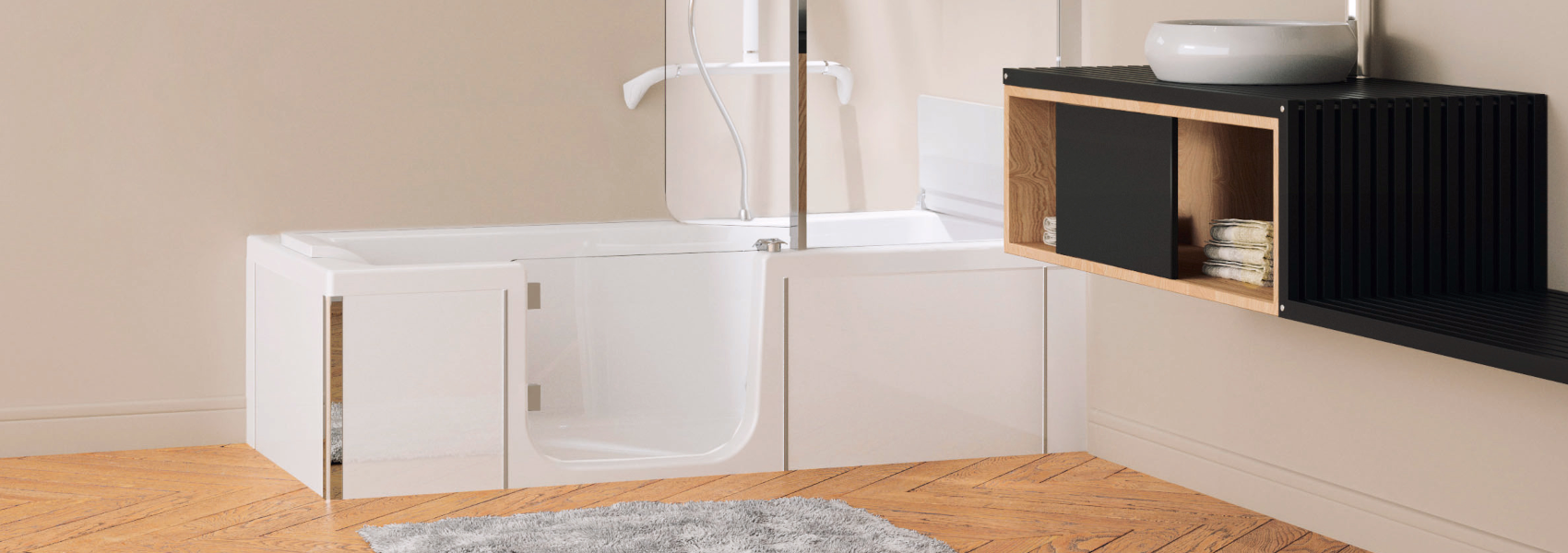 Sliderbild der Badewanne mit Tür Kistyle